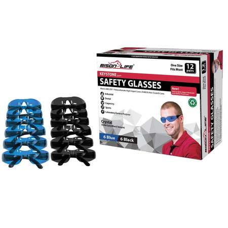 Bison Life Keystone Color Lens Black Temple Blue and Black Safety Glasses 12/Pack BL-KSSG1-CLBT-BLBK-12
